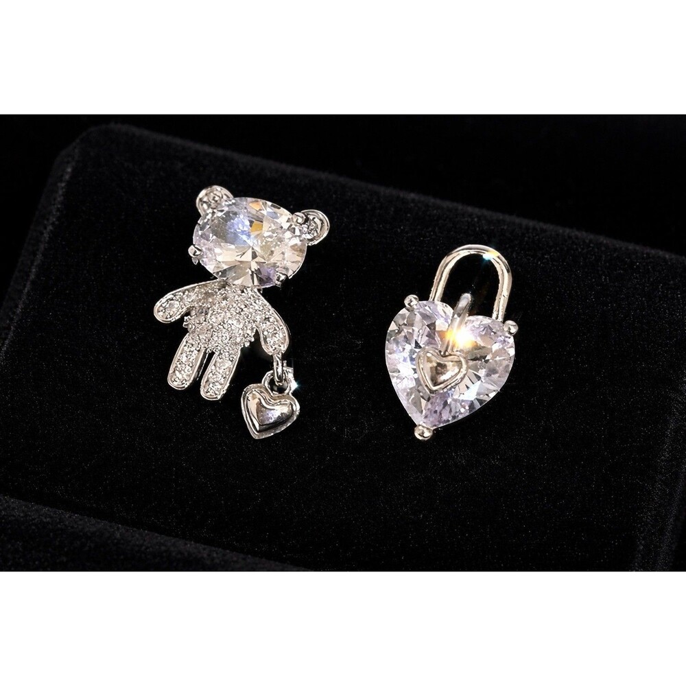 Bling Teddy Bear and Heart Locket Asymmetrical Earrings Sliver Tone Glam Jewelry